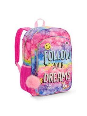 Pink Tie Dye Backpack Follow Your Dreams Girls Colorful with Pom LH4052
